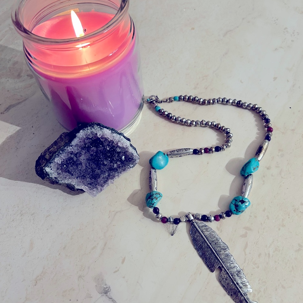 Necklace Turquoise and silvertone w accent stone beads
